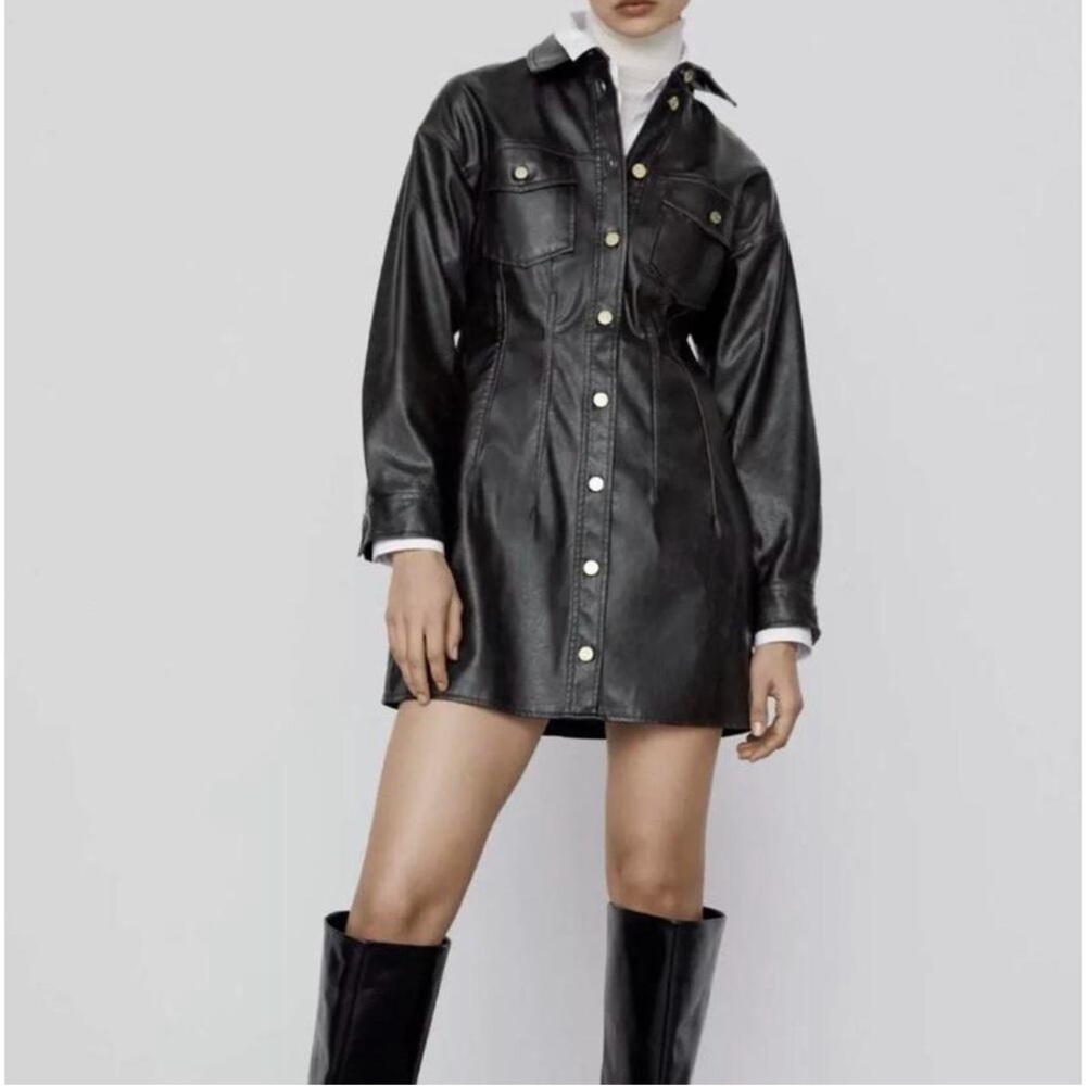 NWOT ZARA Dark Brown Faux Leather Gold Button Mini Dress Size Medium - Picture 6 of 9